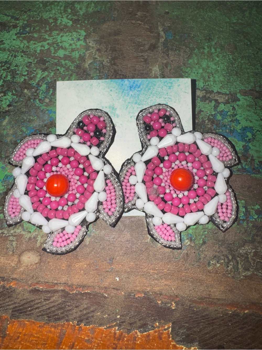 Pink Seed Beaded Turtle Earrings New